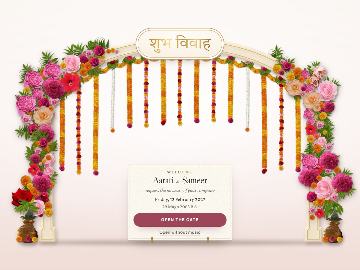 Phoolbari theme: a flower gate with शुभ विवाह on an ivory crest