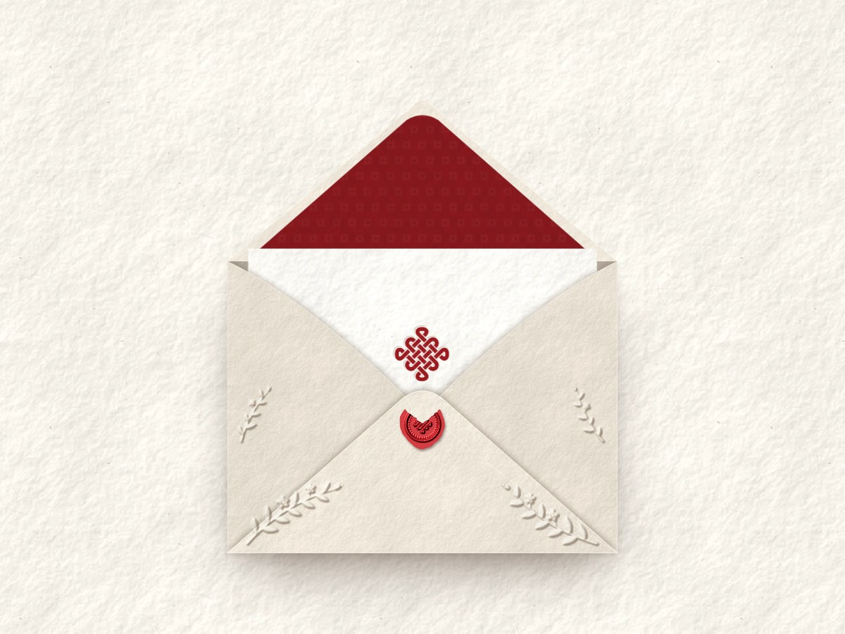 Kham theme: a handmade-paper envelope with a sindoor wax seal
