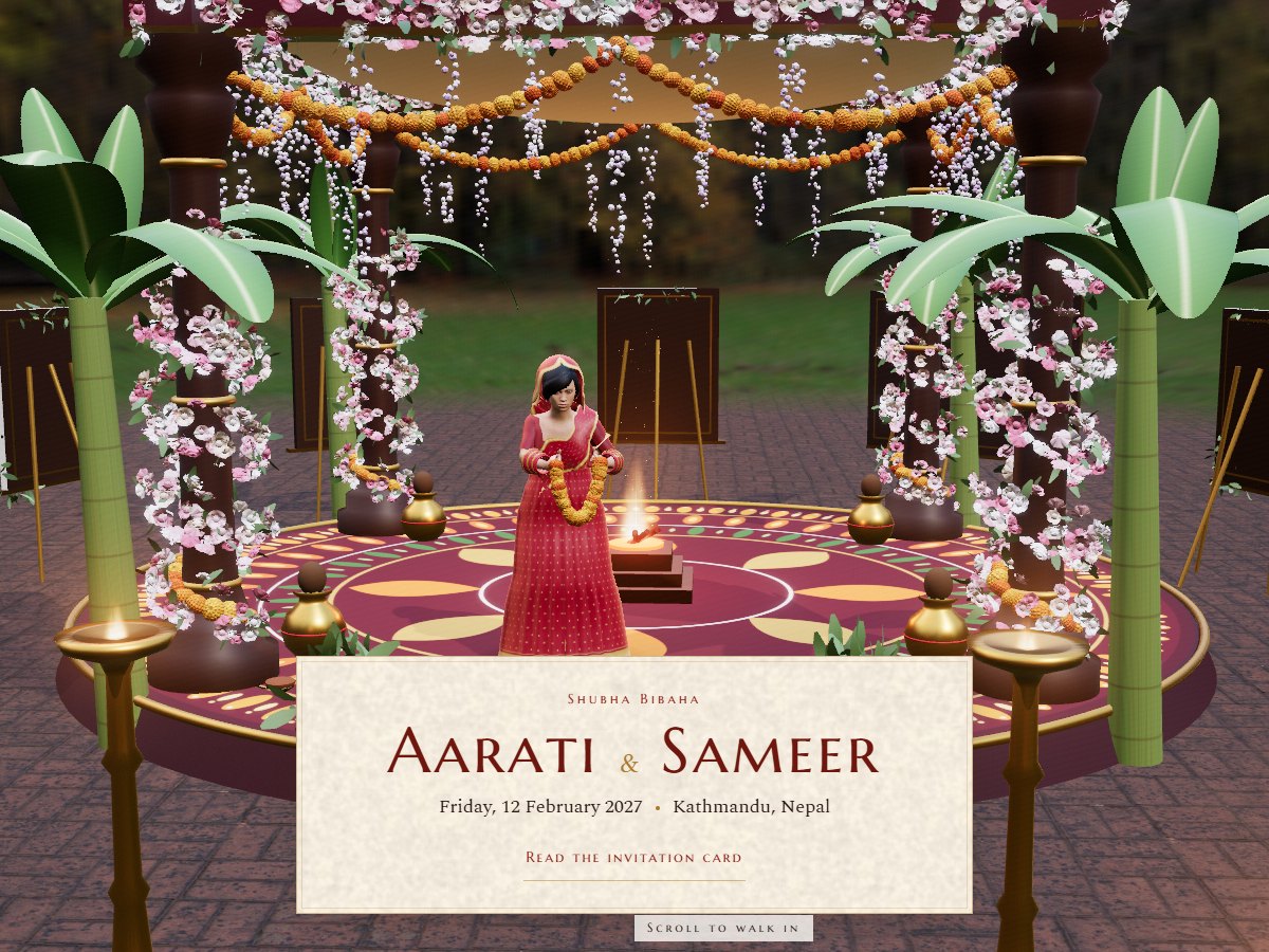 Mandap theme: a 3D mandap with the bride by the sacred fire