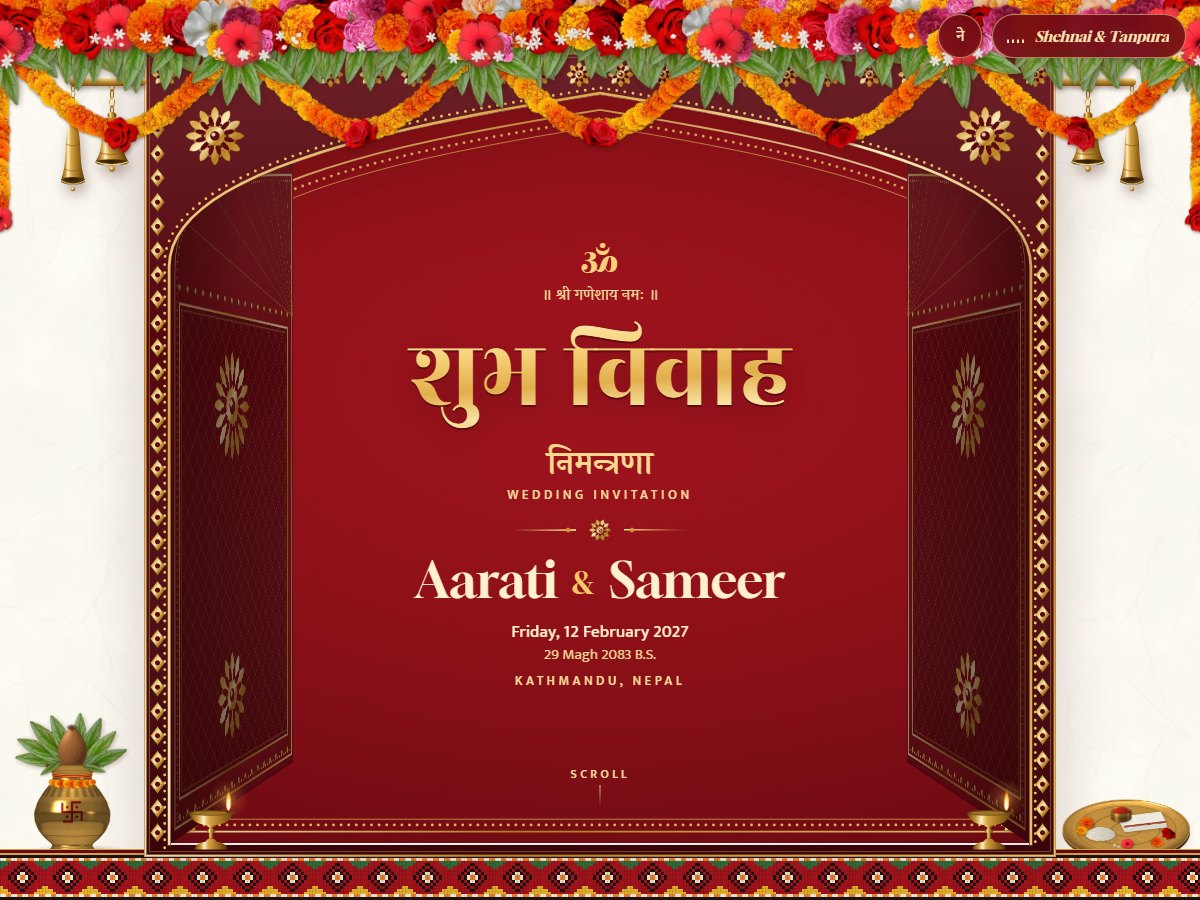 Mangal theme: a red carved doorway hung with marigold garlands and brass bells